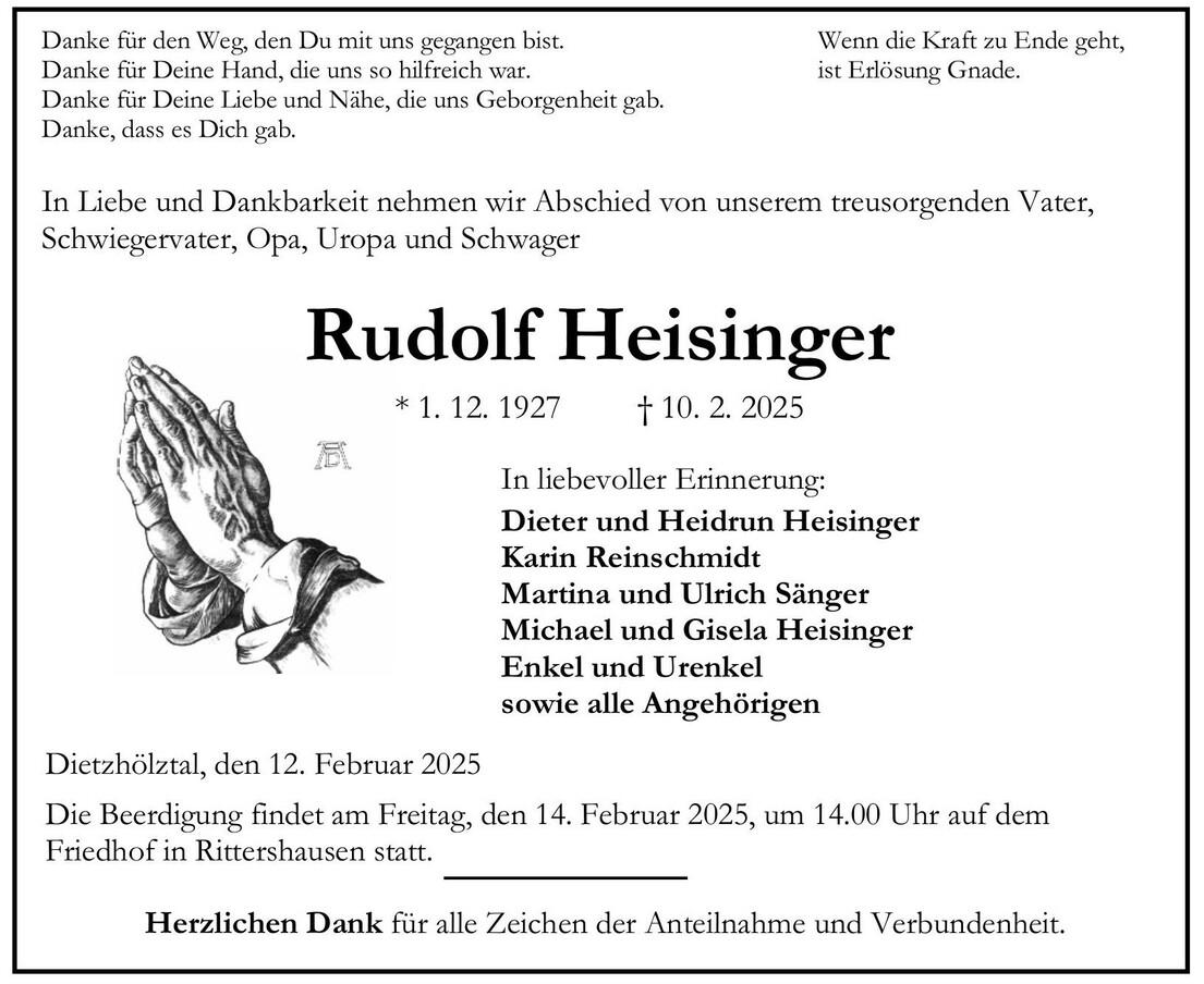 Traueranzeige Rudolf Heisinger