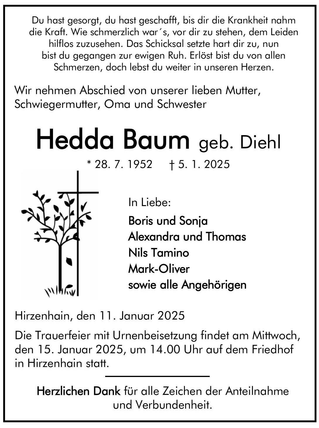 Traueranzeige Hedda Baum