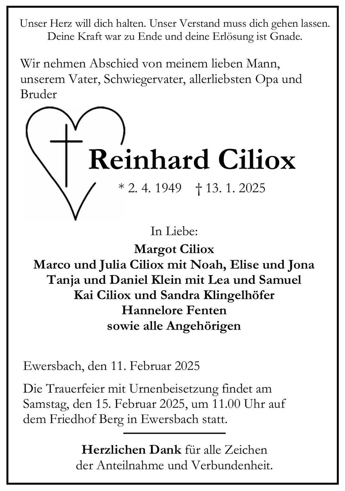 Traueranzeige Reinhard Ciliox