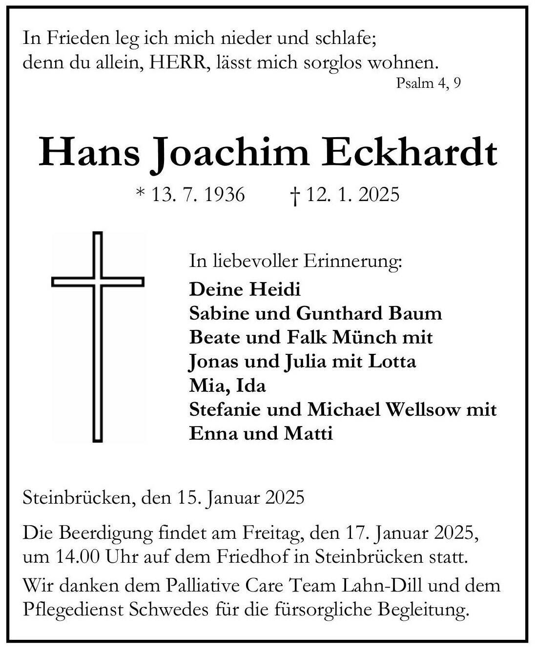 Traueranzeige Hans Joachim Eckhardt