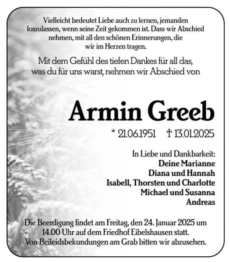 Traueranzeige Armin Greeb