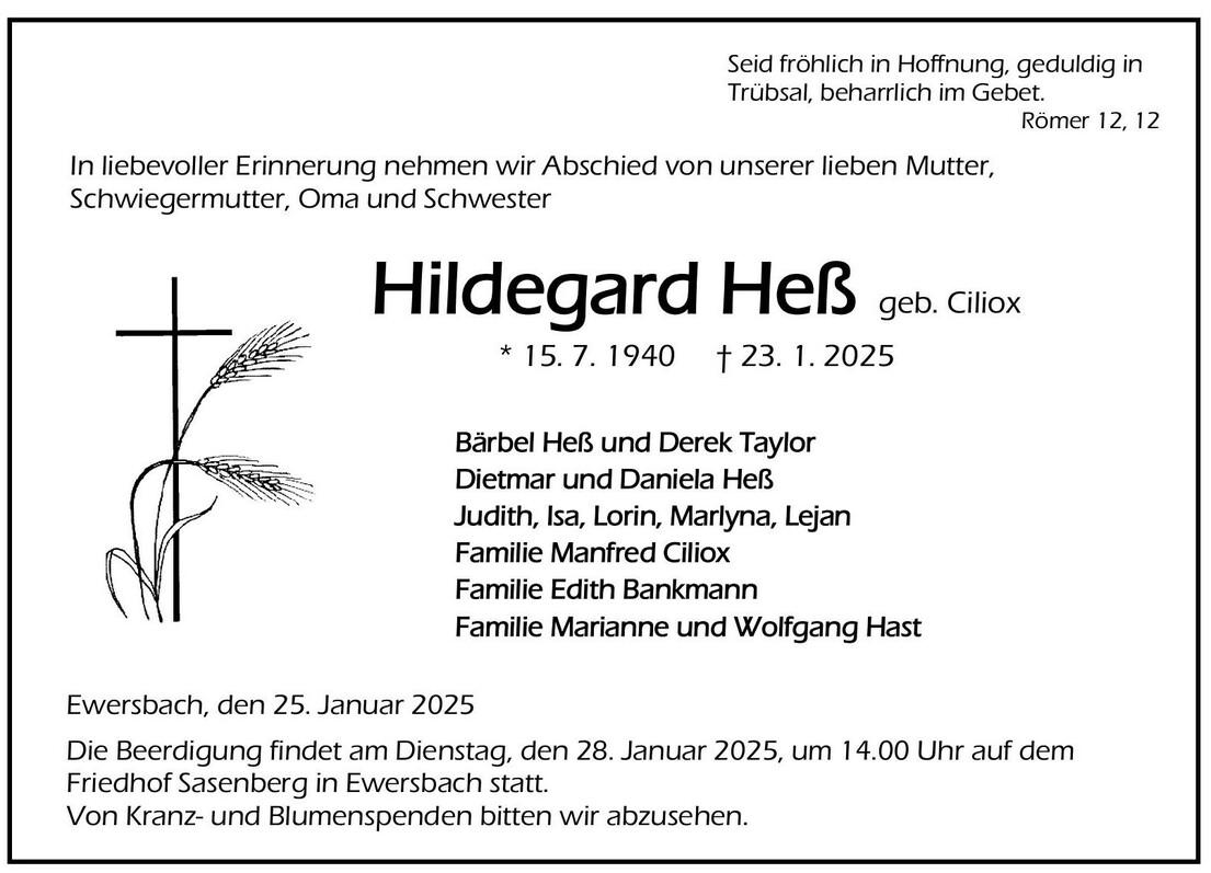 Traueranzeige Hildegard Heß