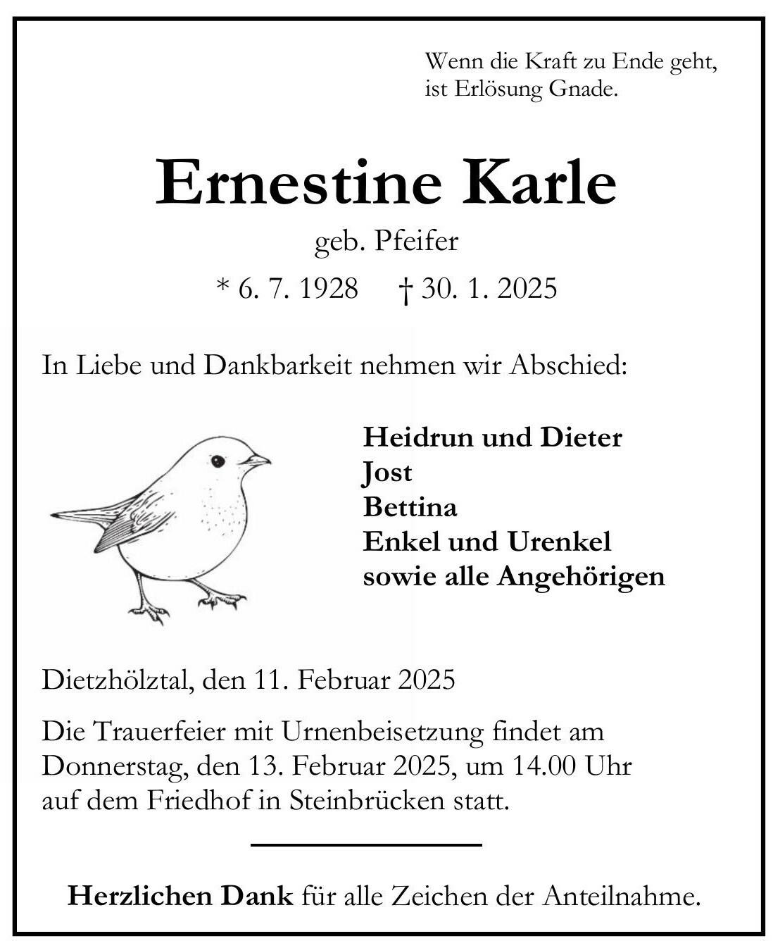 Traueranzeige Ernestine Karle Familie