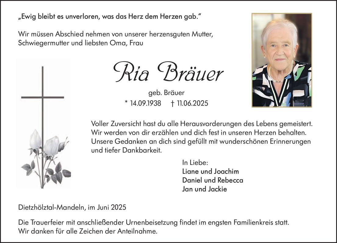 Traueranzeige Ria Bräuer