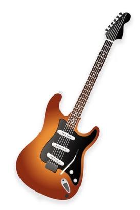 E-Gitarre in Orange und Schwarz, mit sechs Saiten und einem klassischen Design auf weißem Hintergrund.