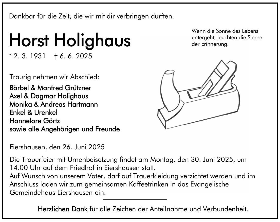 Traueranzeige Horst Holighaus