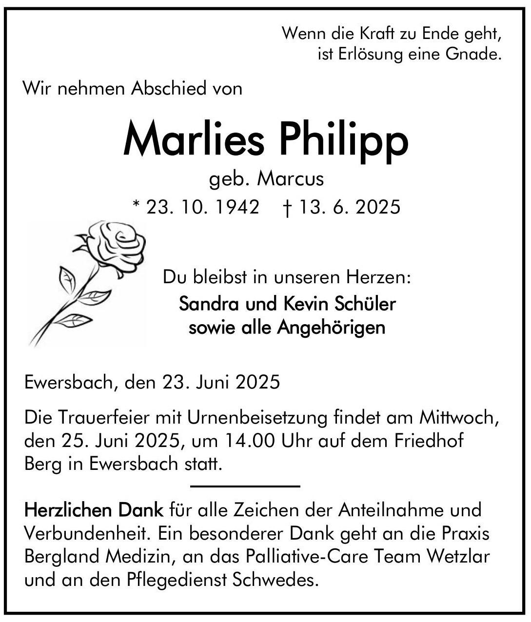Traueranzeige Marlies Philipp