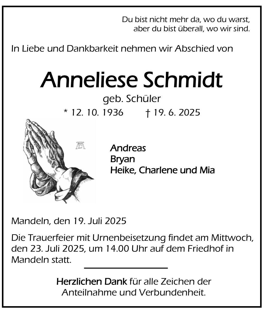 Traueranzeige Anneliese Schmidt
