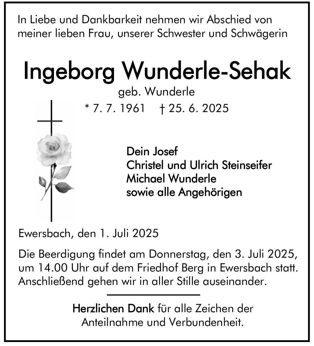 Traueranzeige Inge Wunderle-Sehak