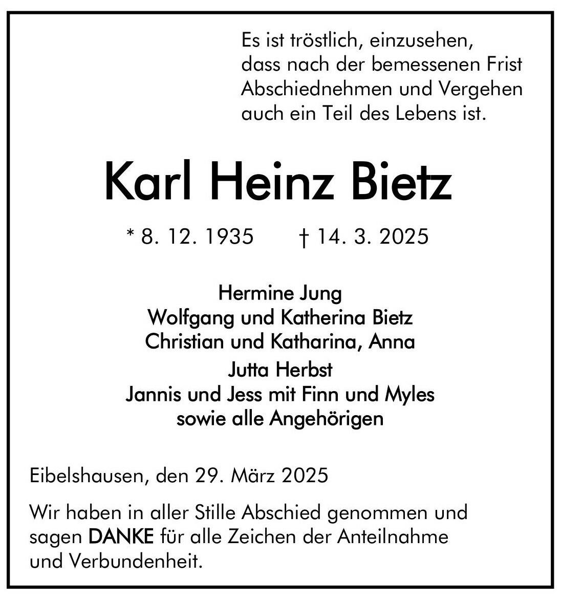 Traueranzeige Karl Heinz Bietz
