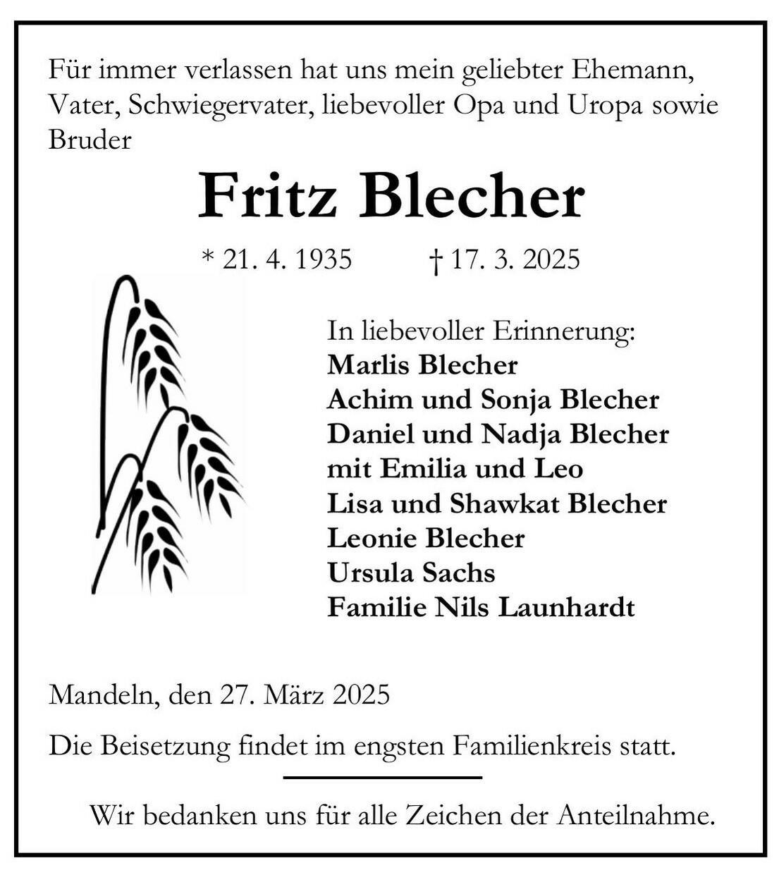 Traueranzeige Fritz Blecher