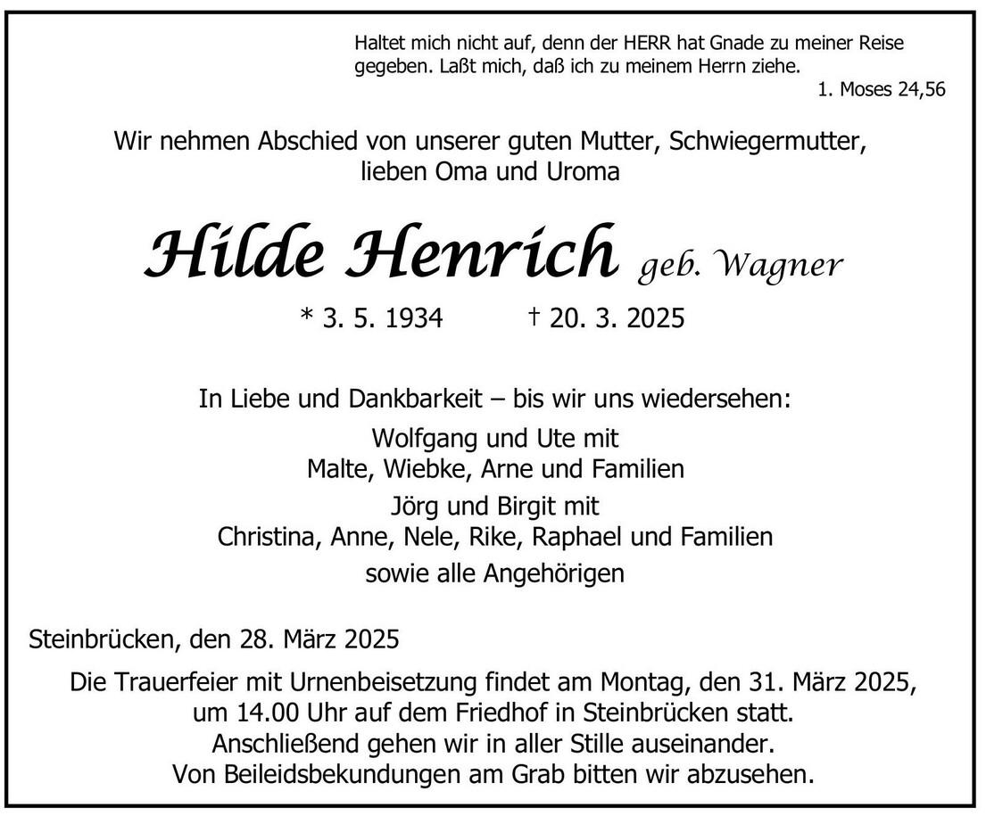 Traueranzeige Hilde Henrich
