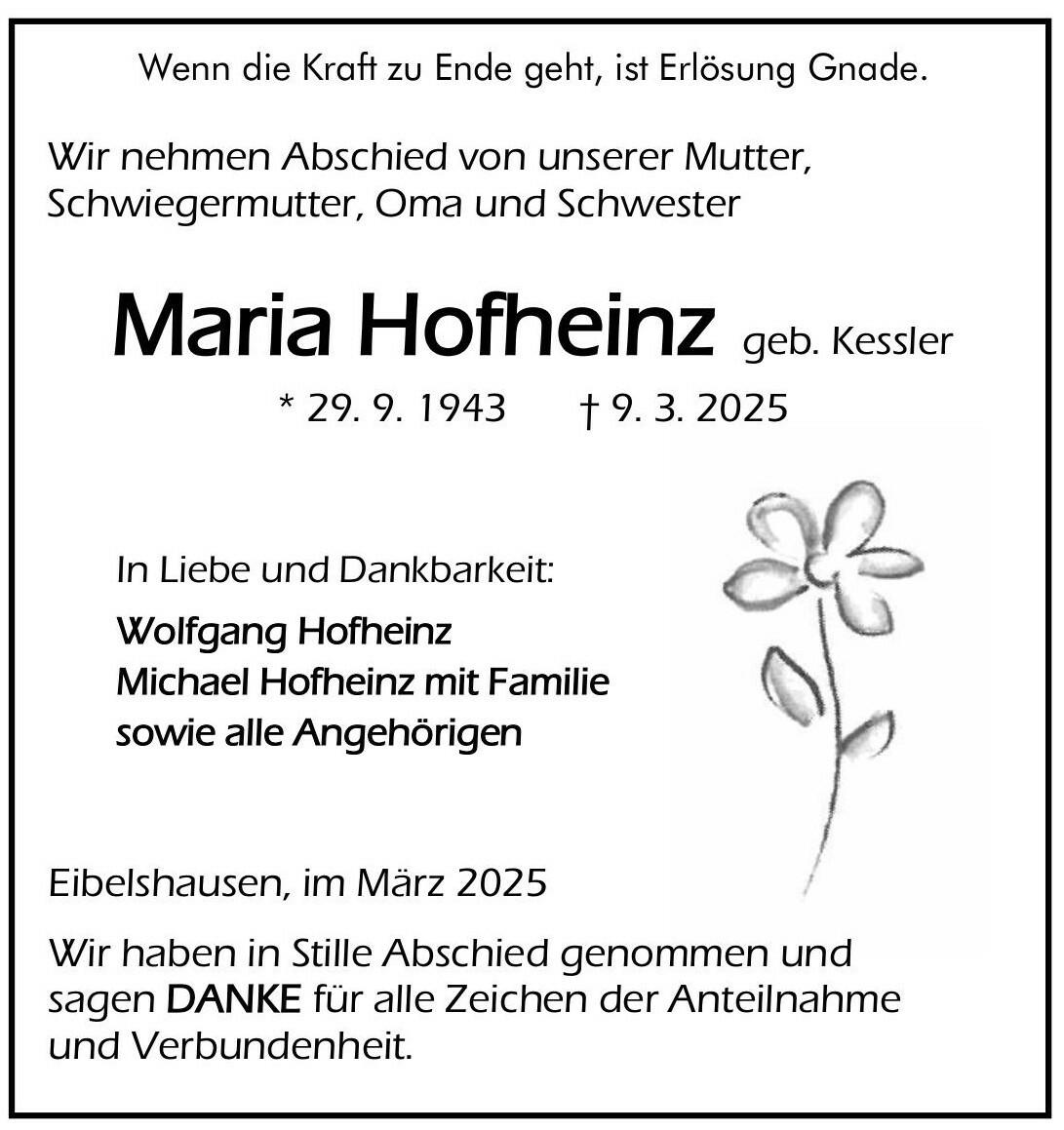 Traueranzeige Maria Hofheinz
