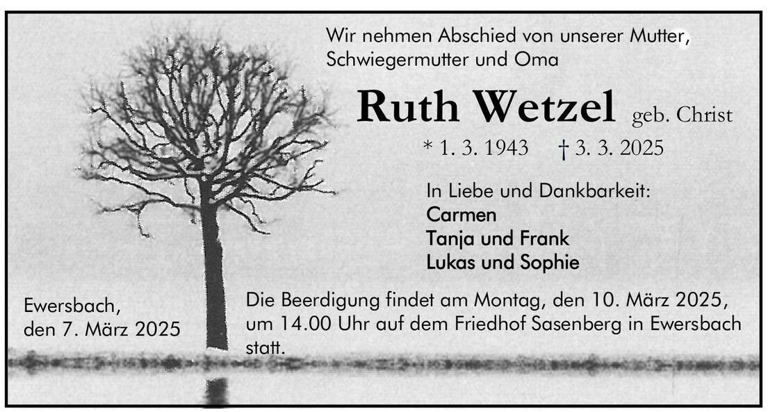 Traueranzeige Ruth Wetzel