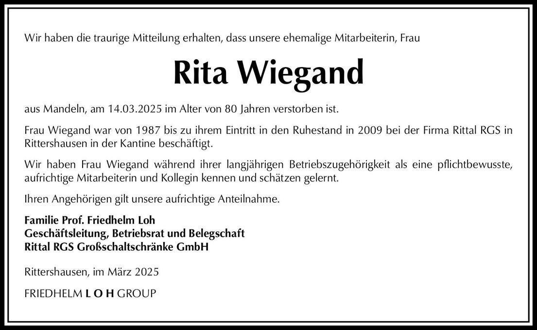 Nachruf Rita Wiegand