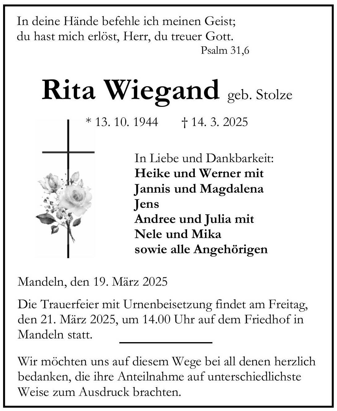 Traueranzeige Rita Wiegand
