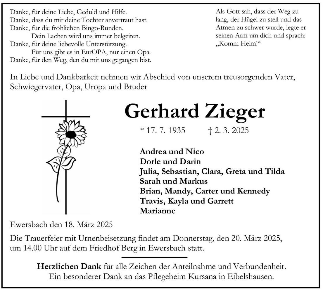Traueranzeige Gerhard Zieger