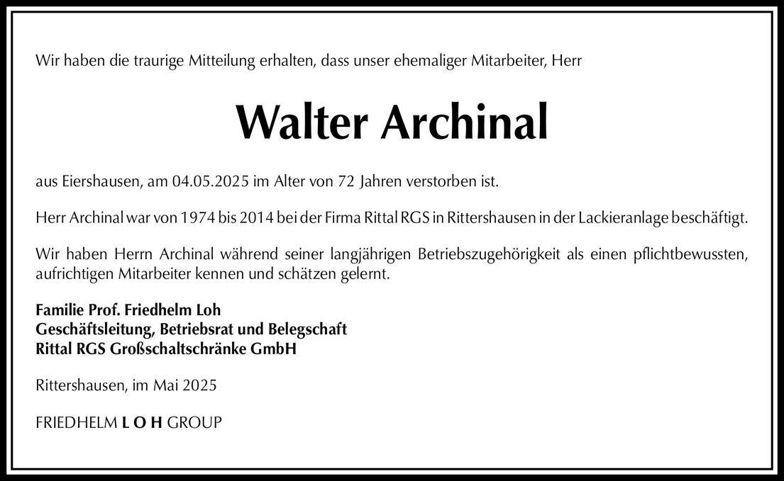 Nachruf Walter Archinal