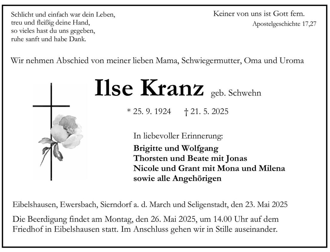 Traueranzeige Ilse Kranz
