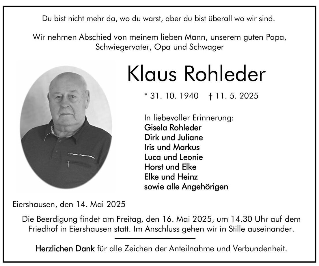 Traueranzeige Klaus Rohleder