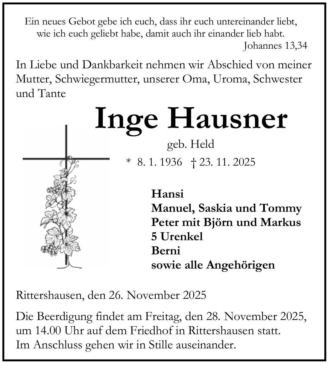 Traueranzeige Inge Hausner