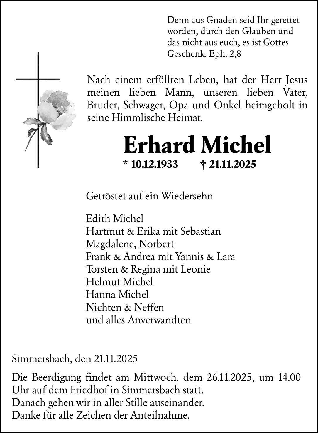 Traueranzeige Erhard Michel