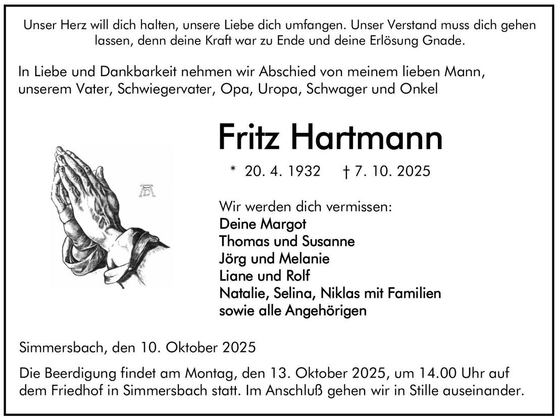 Traueranzeige Fritz Hartmann