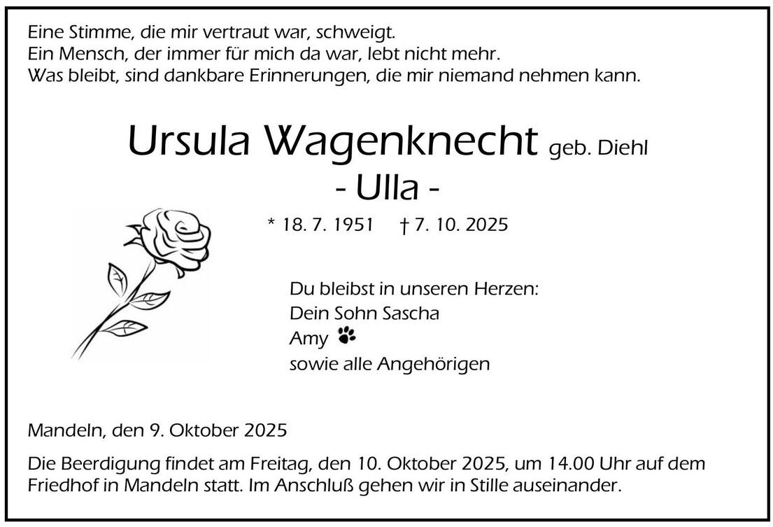 Traueranzeige Ursula Wagenknecht