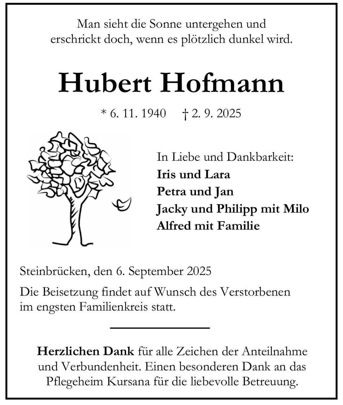 Traueranzeige Hubert Hofmann