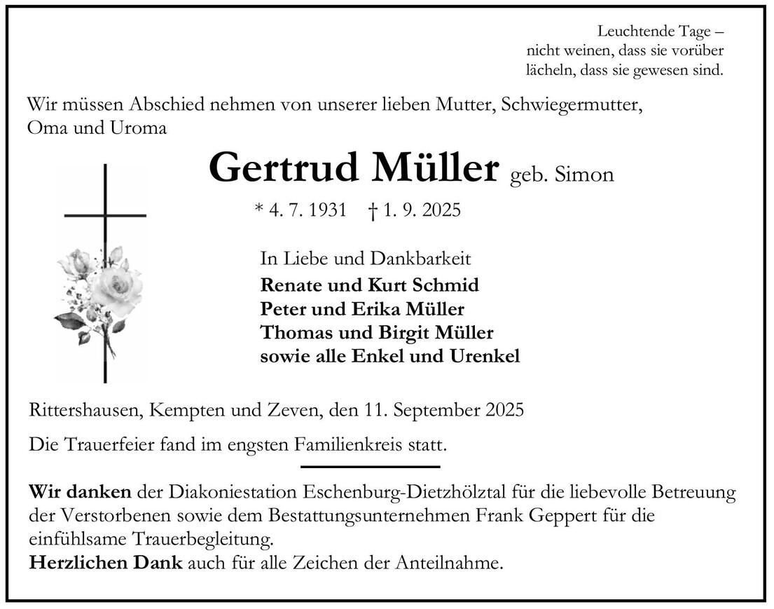 Traueranzeige Gertrud Müller