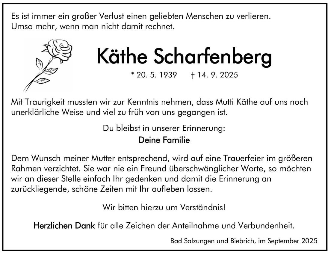 Traueranzeige Käthe Scharfenberg