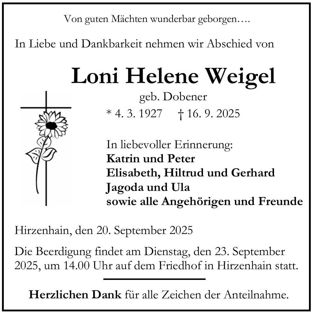 Traueranzeige Loni Helene Weigel