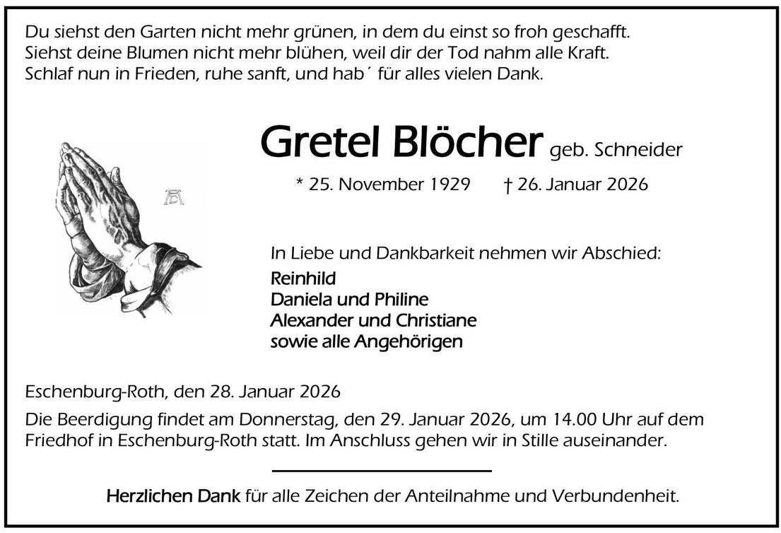 Traueranzeige Gretel Bl&ouml;cher
