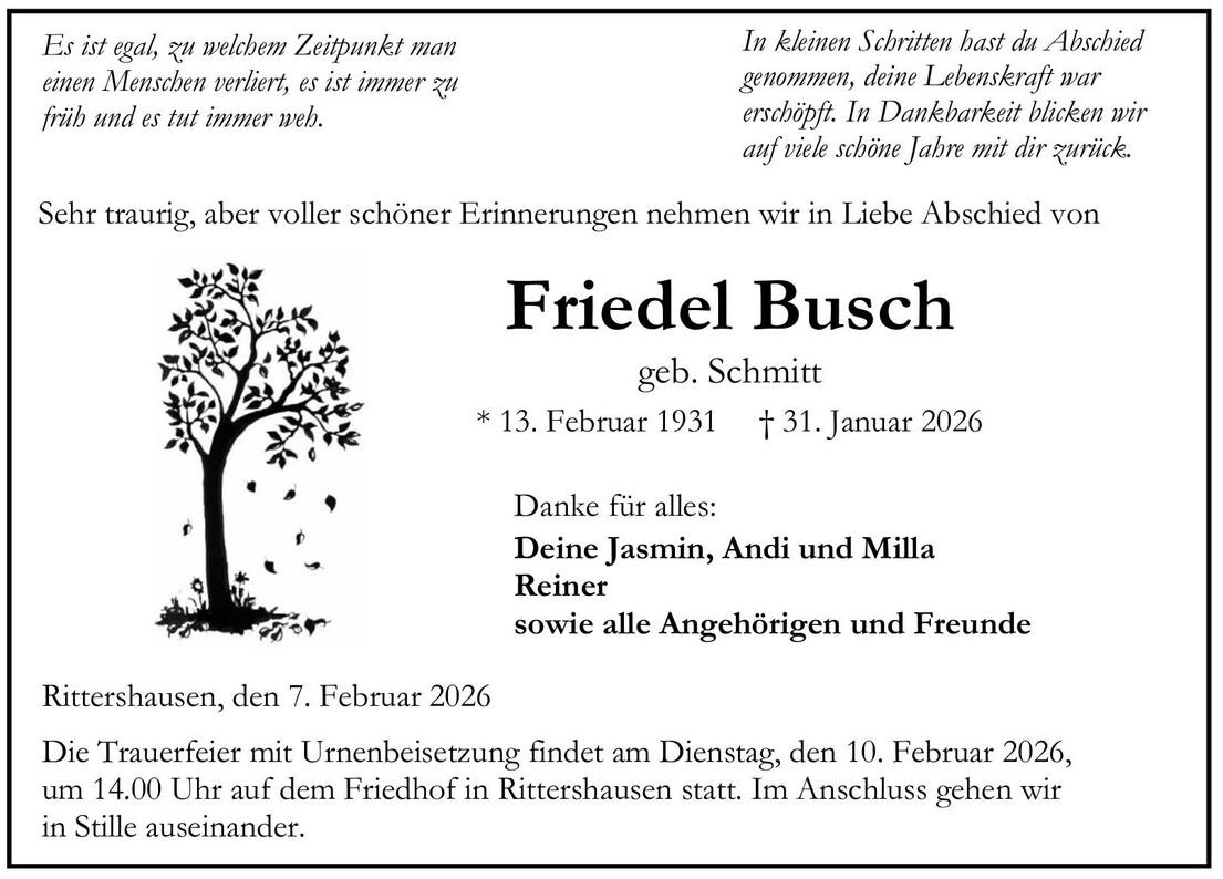 Traueranzeige Friedel Busch