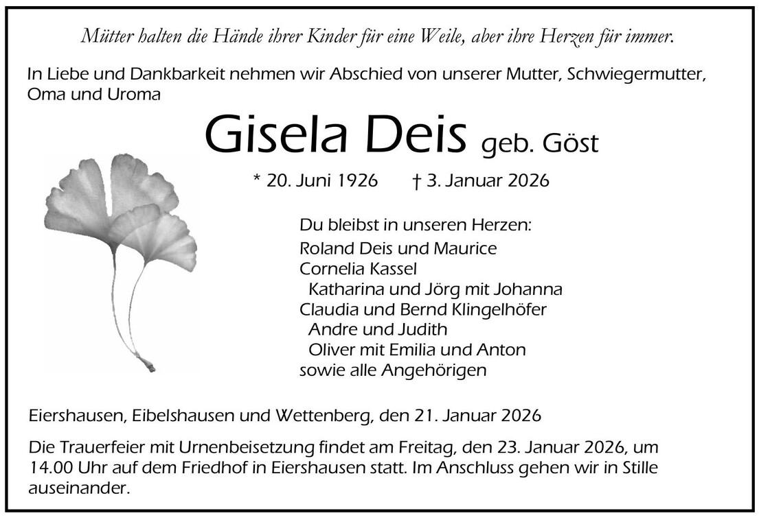 Traueranzeige Gisela Deis