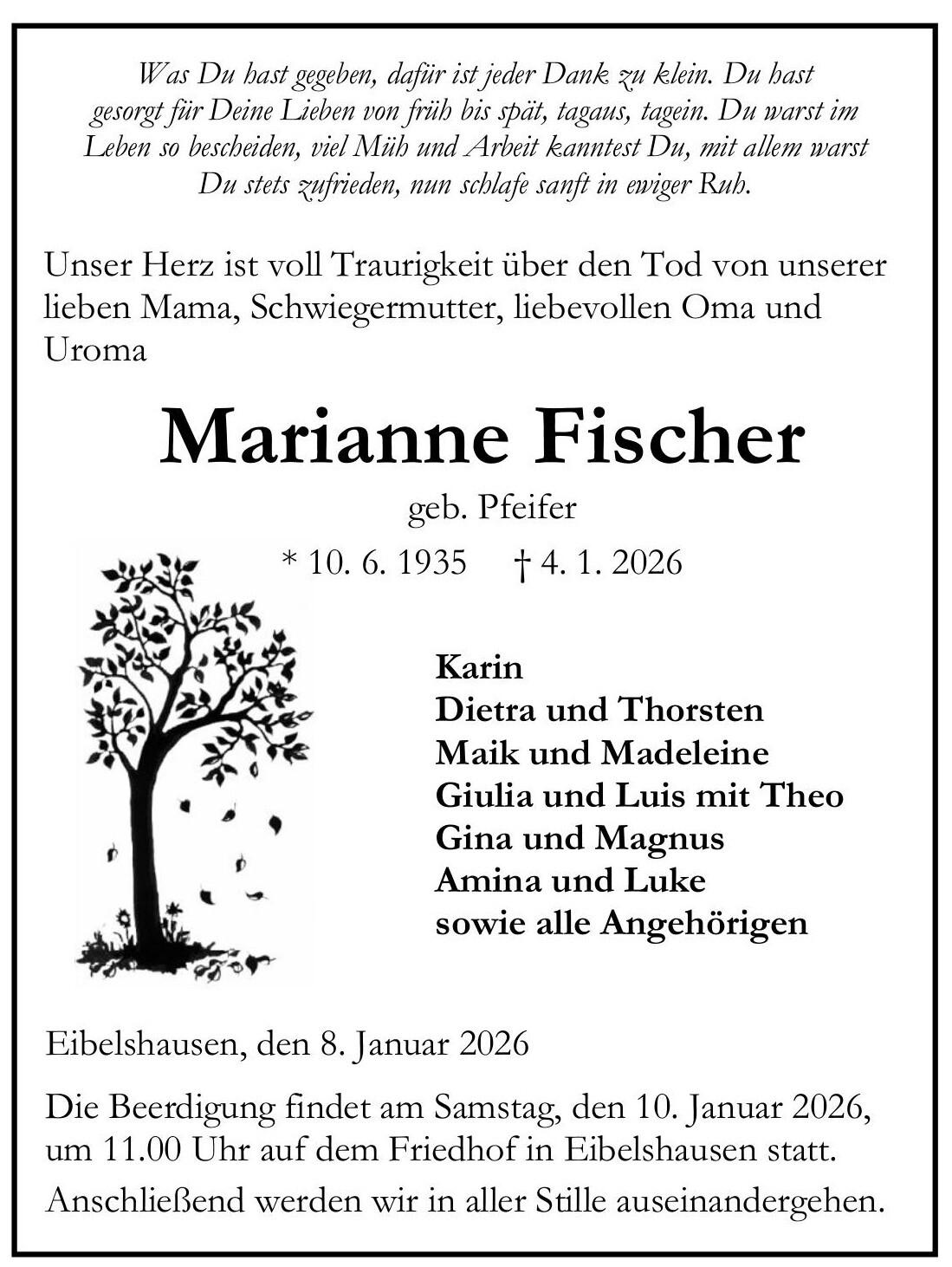 Traueranzeige Marianne Fischer