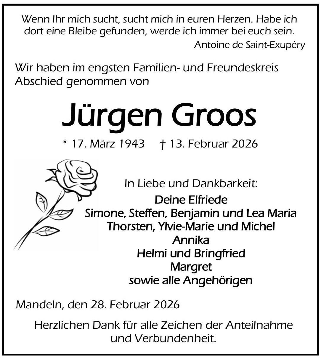 Traueranzeige J&uuml;rgen Groos