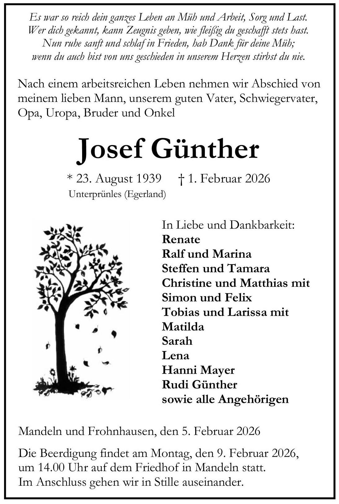 Traueranzeige Josef G&uuml;nther