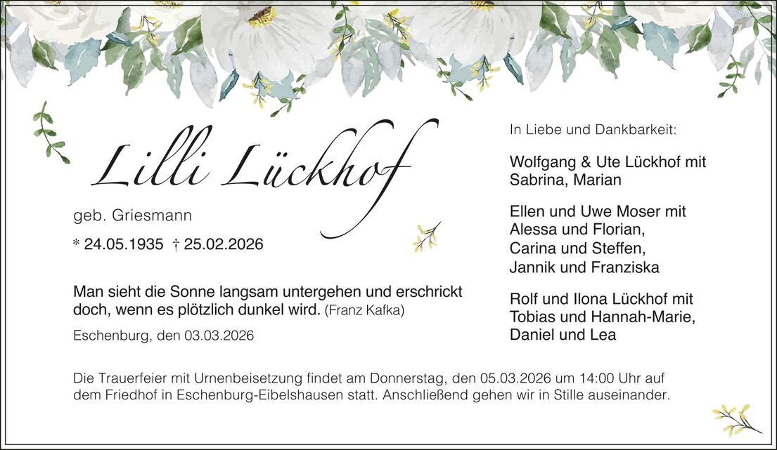 Traueranzeige Lilli L&uuml;ckhof