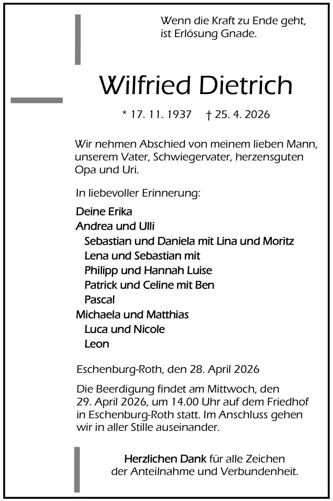 Traueranzeige Wilfried Dietrich