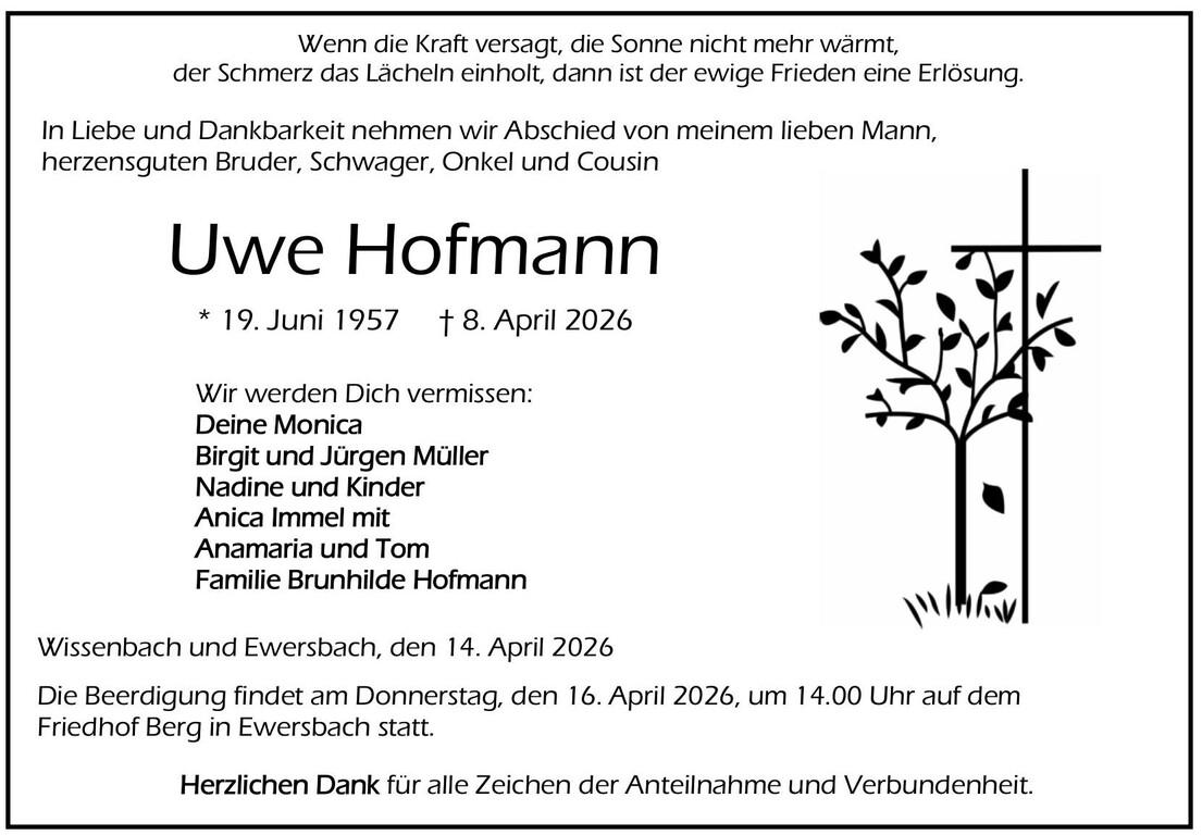 Traueranzeige Uwe Hofmann