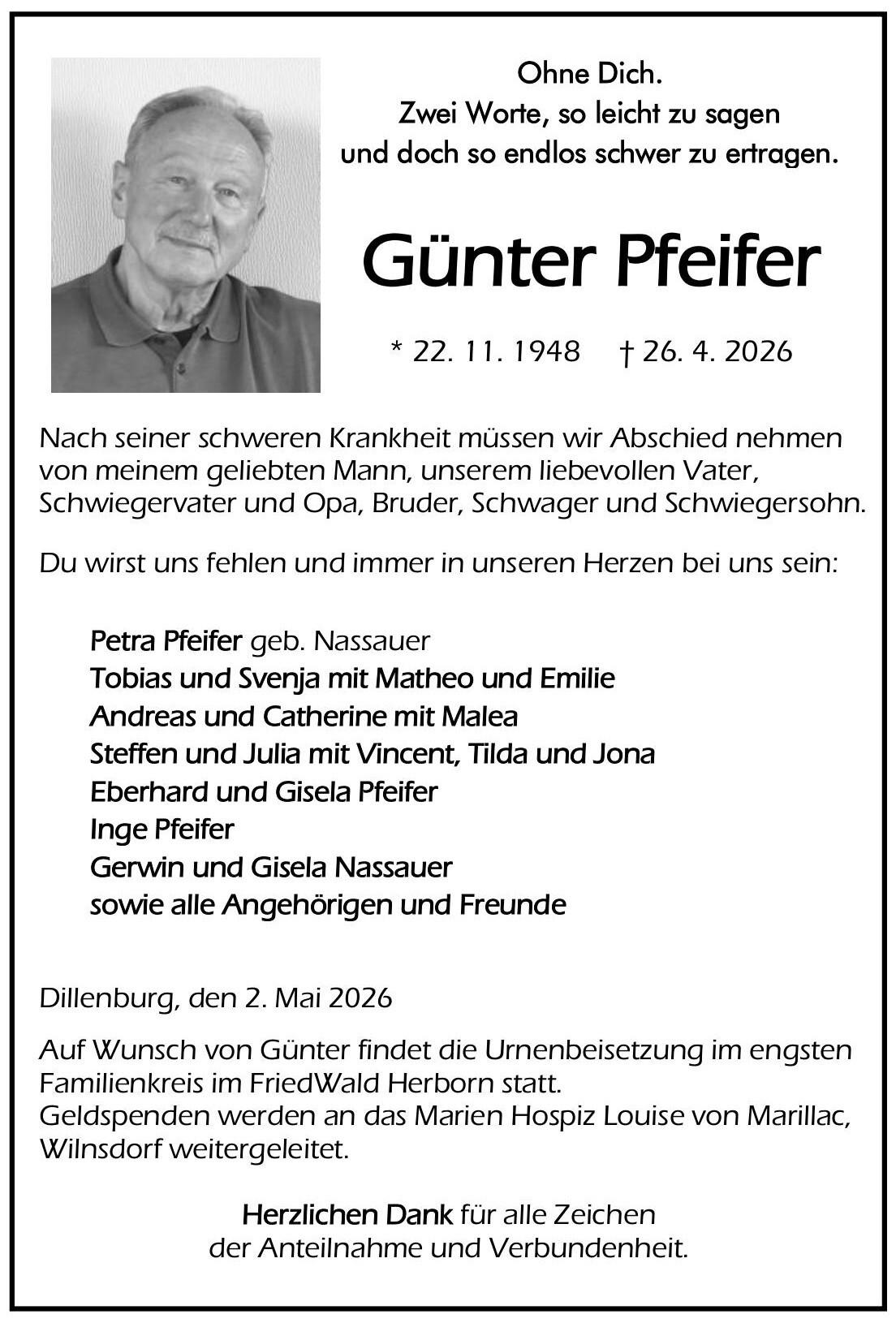 Traueranzeige G&uuml;nter Pfeifer
