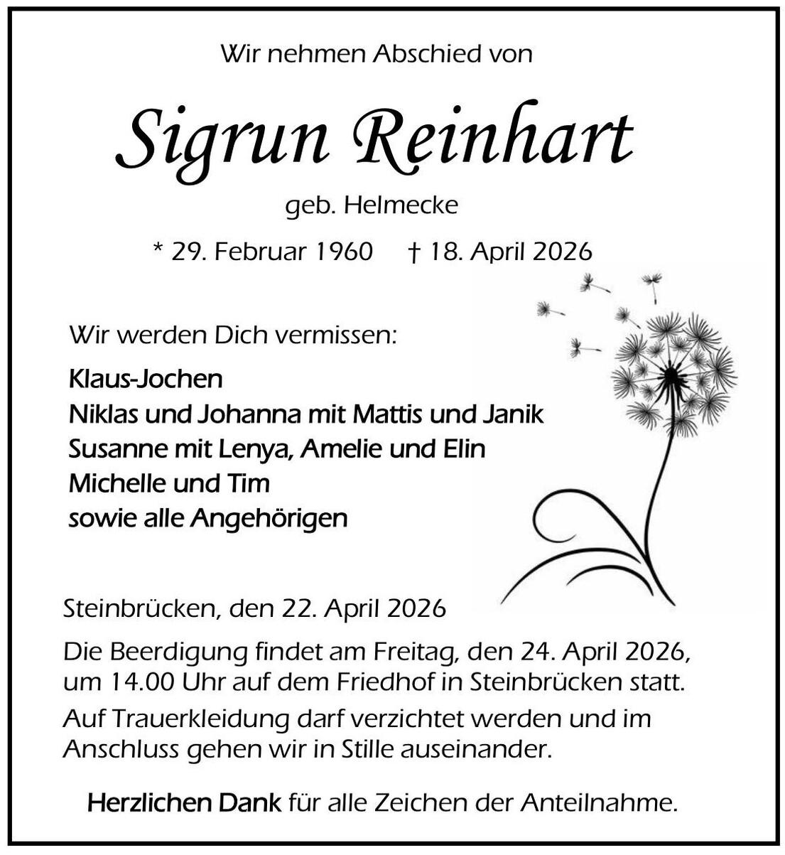 Traueranzeige Sigrun Reinhart