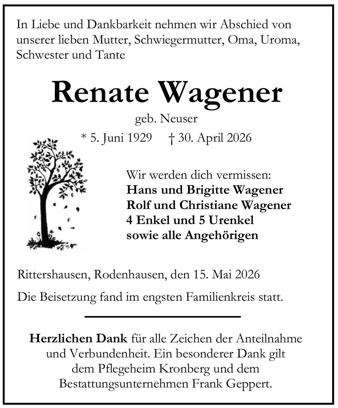 Traueranzeige Renate Wagener