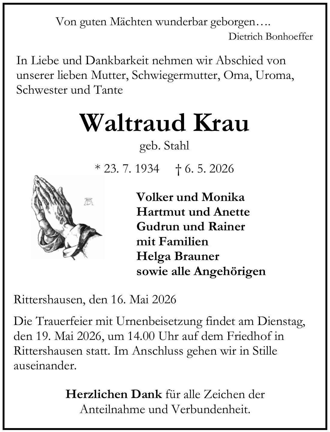 Traueranzeige Waltraud Krau