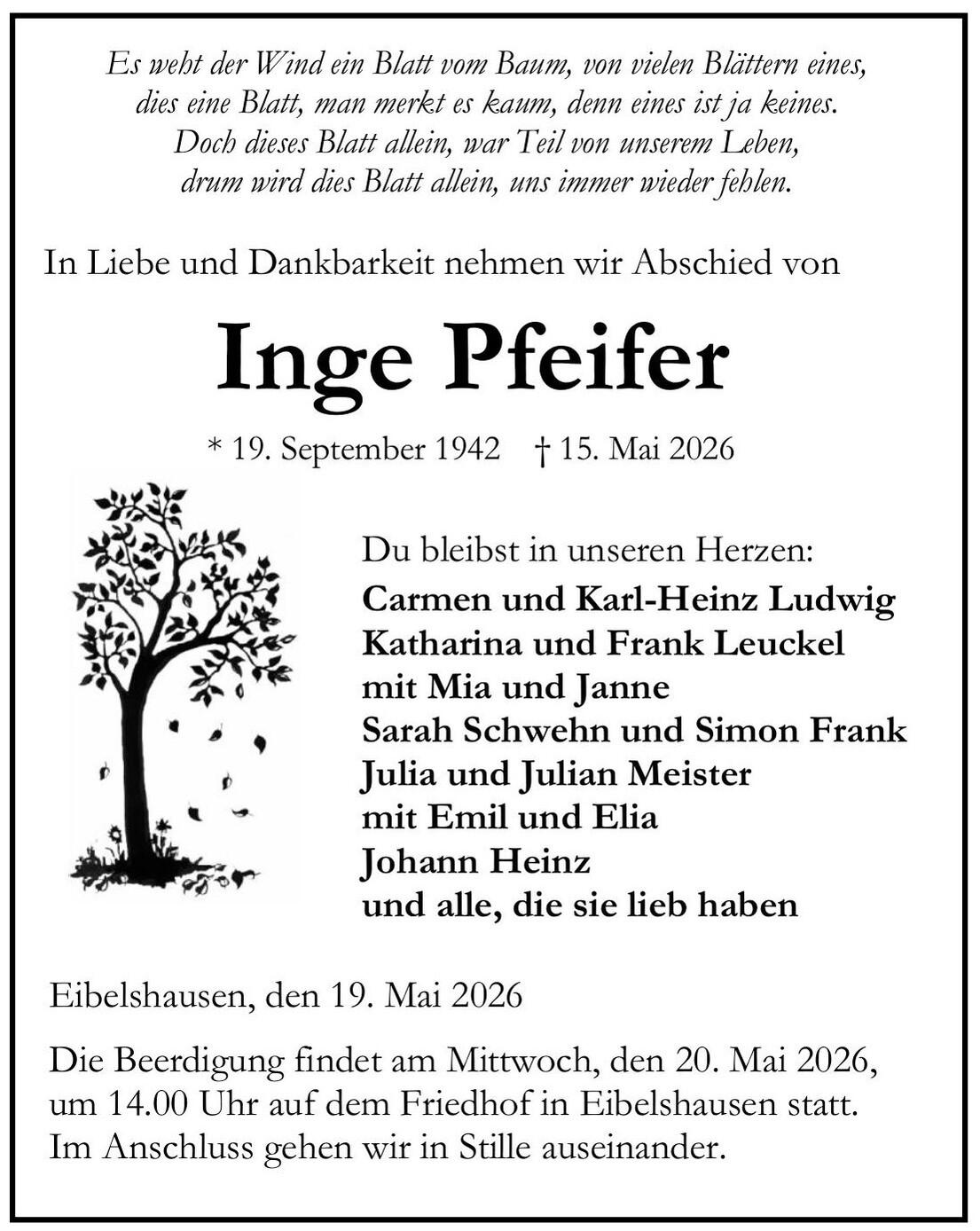 Traueranzeige Inge Pfeifer