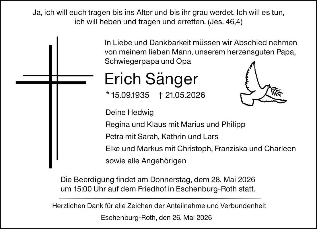 Traueranzeige Erich S&auml;nger