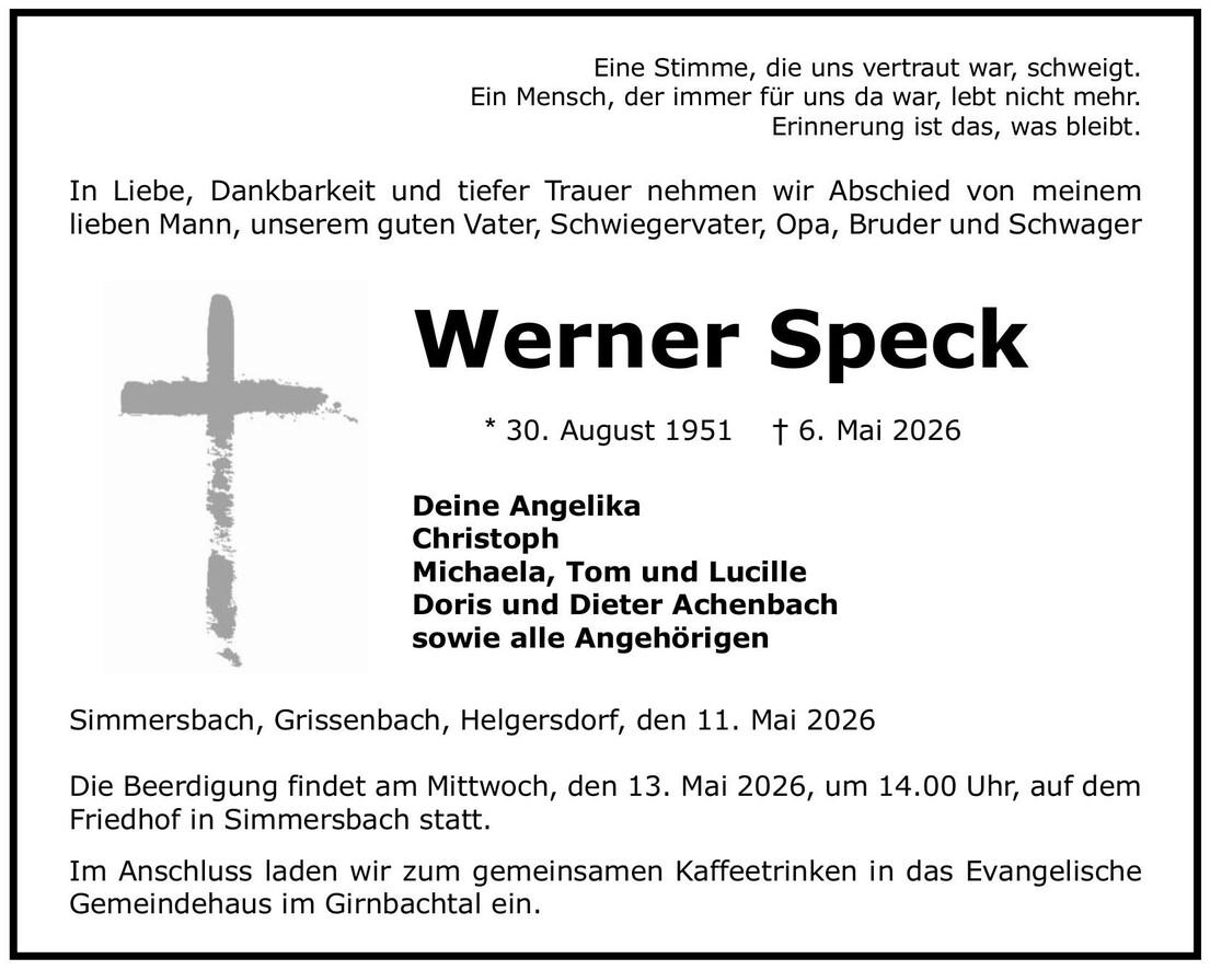 Traueranzeige Werner Speck