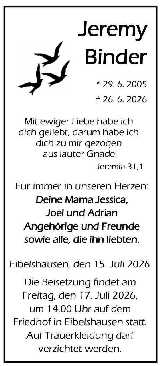 Traueranzeige Jeremy Binder