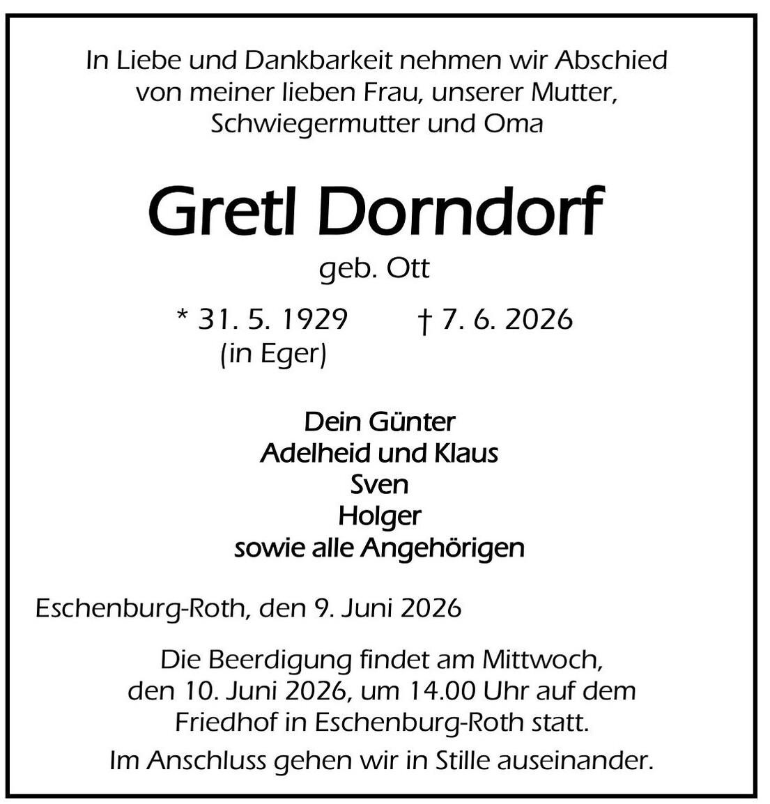 Traueranzeige Gretl Dorndorf